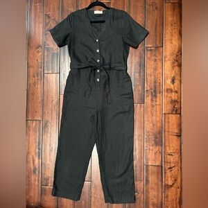 Everlane Black Linen Button-Front Short Sleeve Jumpsuit with Tie Waist